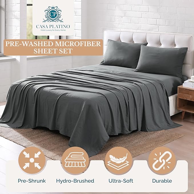 Casa Platino Charcoal Full Size Sheets, Pre-Washed Bed Sheet Full Ultra Soft & Breathable Full Bed Sheets Set, Brushed Premium Microfiber Full Sheet Set with Deep Pockets, Full Bed Set - Charcoal