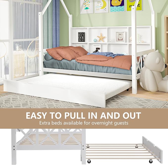 Full House Bed with Trundle Bed for Kids,Wooden Full Size Bed Frame with Roof Guardrails Wood Slats, Headboard for Boys Girls, No Box Spring Required, White