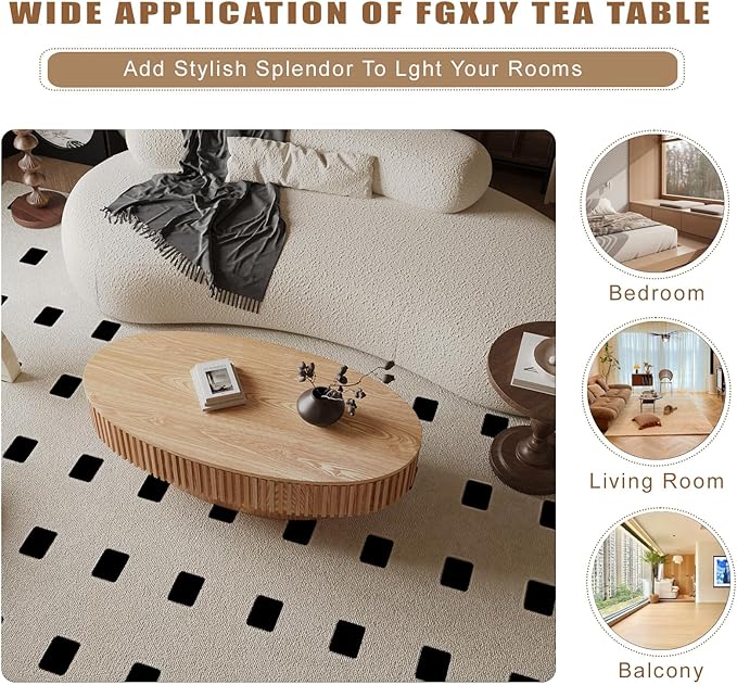 Oval Coffee Table with Storage, Modern Wooden Coffee Table with Solid Wood Veneered, Fluted Center Table Drum Tea Table for Living Room Apartment, 47.2''L×23.6''W×14.2''H