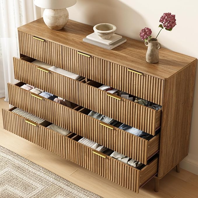 CARPETNAL Fluted 9 Drawer Dresser for Bedroom, 55" Wide Wooden Chest of Drawers with Rounded Corners, Gold Handles, Modern Storage Organizer for Bedroom, Hallway(Walnut)