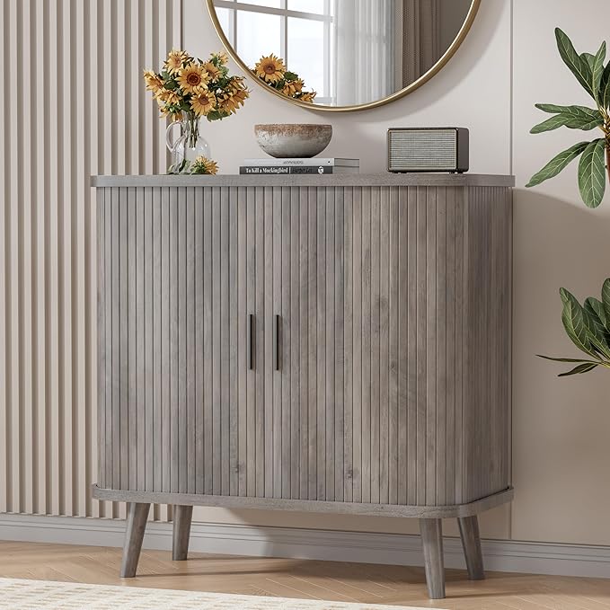 Buffet Cabinet with Storage, Curved-Edge Fluted Storage Cabinet Sideboard, Modern Black Sideboard Buffet with Adjustable Shelves & Sliding Door for Dining Room, Kitchen, Entryway (Wood)