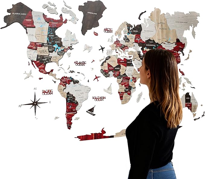 Handmade 3D Wood World Map Wall Art Large Wall Decor Track Your World Travels - Special for Home, Kitchen and Office (Medium, Urban)
