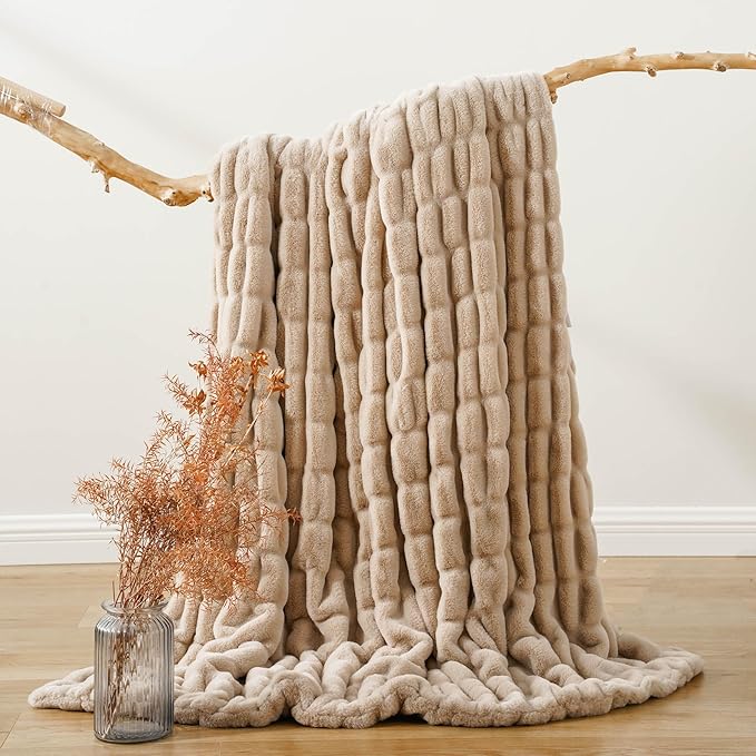 BATTILO HOME Luxury Faux Fur Throw Blanket for Couch, Cozy Plush Soft Blanket for Women, Double Side Ruched Rabbit Fur Blanket for Living Room, 50x60 Inches