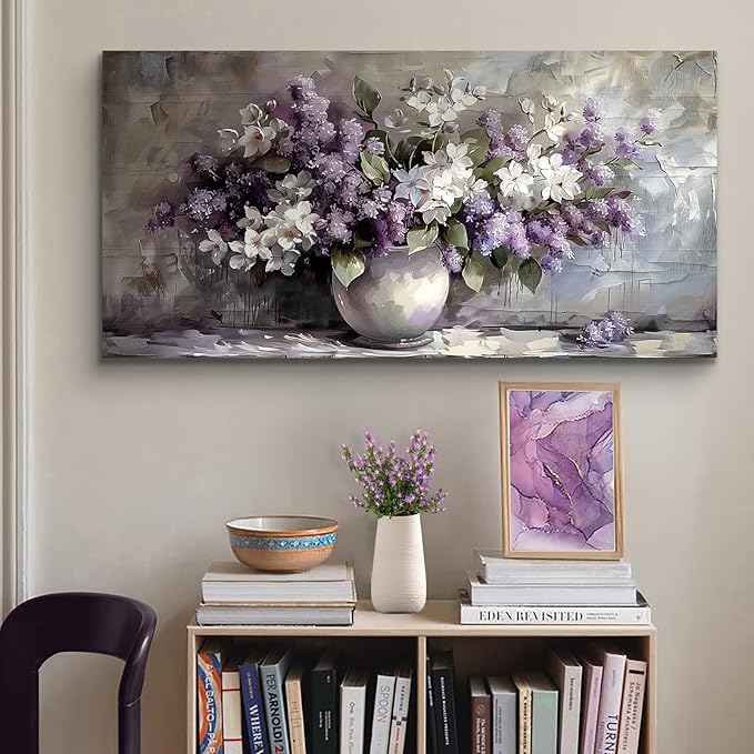 SERIMINO Large Wall Art for Living Room, Still Life Flowers Canvas Prints, Purple Floral Botanical Decor Paintings, Modern Aesthetic Pictures Wall Decor, Farmhouse Kitchen Artwork 29"X57"