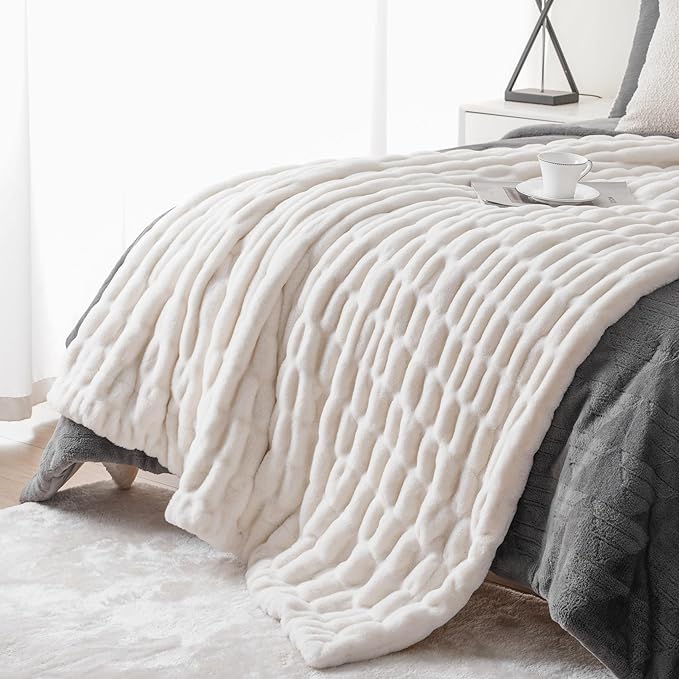 BATTILO HOME Cream Faux Fur Throw Blanket, Double Side Ruched Rabbit Fur Blanket for Couch, Bed, Super Soft Cozy Fuzzy Mink Blanket, 50"x60"(Ivory)