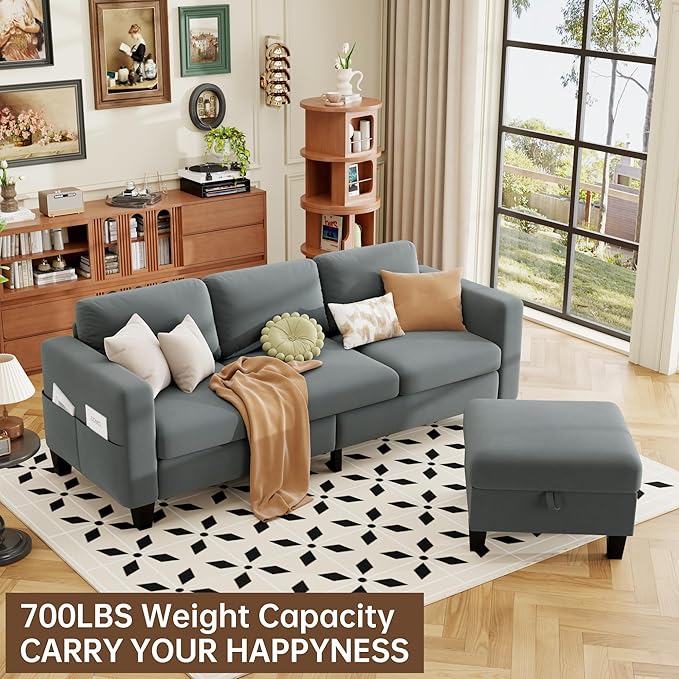 ZeeFu Sectional and Sofa Couches for Living Room - 78'' 3 Seater L-Shaped Modular Couch with Storage Ottoman - Modern Velevt Fabric Upholstered Sofa Set for Small Space Apartment Office