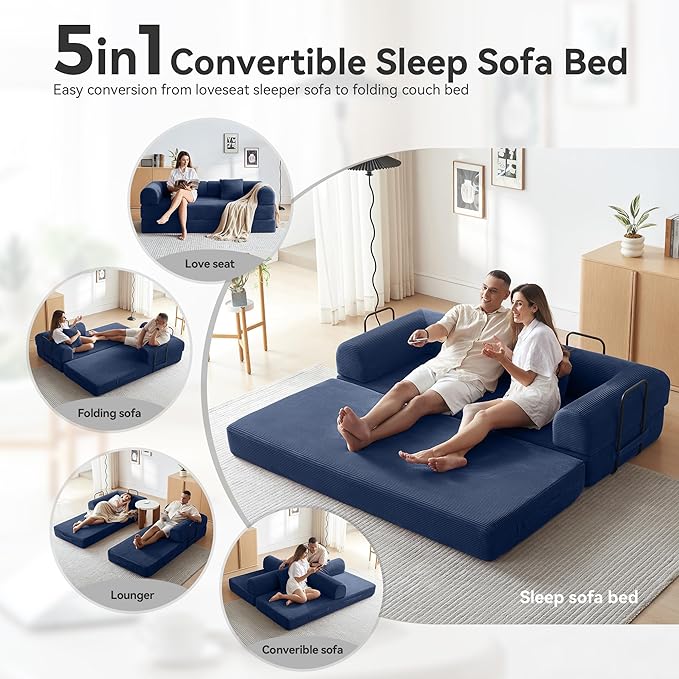 Convertible Sofa Bed with Corduroy Pillow,Comfy Floor Sofa Bed Compressed Sofa in Box, Convertible Sofa Bed for Living Room Bedroom Lounge Studio, Comfy High Density Foam Mattress(Navy Blue)