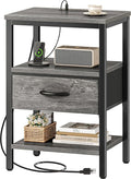 SUPERJARE Nightstand with Charging Station, Bed Side Table with Adjustable Fabric Drawer, Night Stand for Bedroom, 3-Tier Storage End Table, for Living Room, Grey