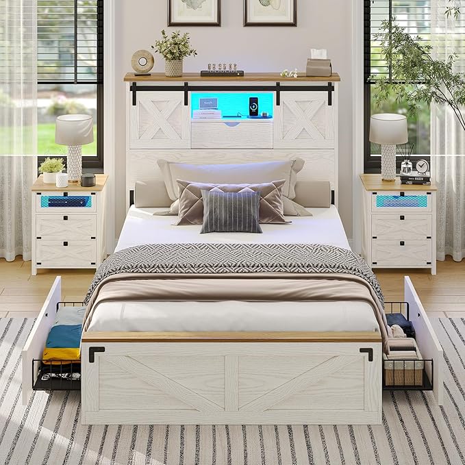 Hasuit Farmhouse Bed Frame Twin Size with 2 Storage Drawers, Wooden Platform Twin Bed with LED Lights and Charging Station, Rustic Accent Headboard with Sliding Barn Door Storage Cabinets