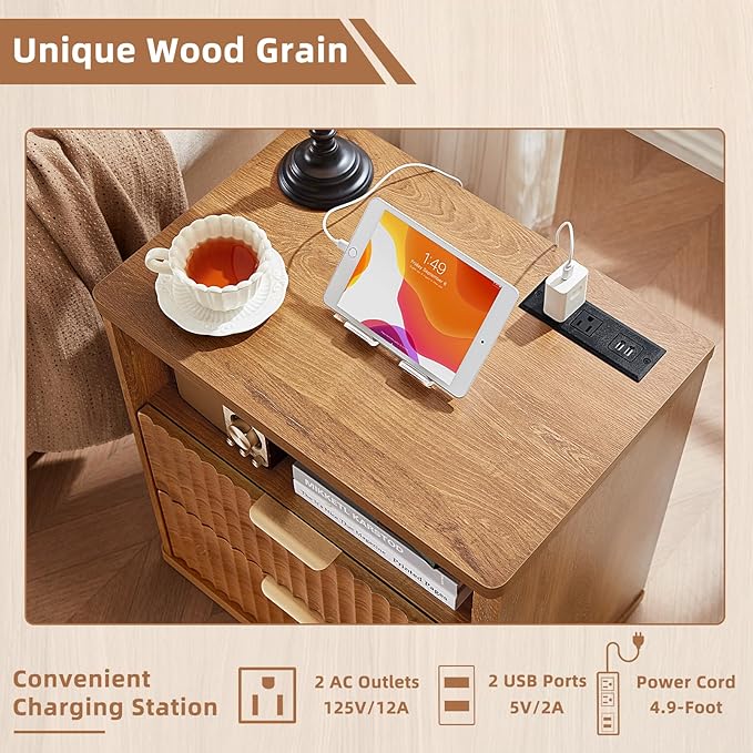 LEYAOYAO 48" Wide Fluted Dresser and 23" Nightstand Set of 2, Wooden Dresser & Night Stand with Charging Station, 3 Piece Bedroom Furniture Set, Chest of Drawer for Living Room,Brown