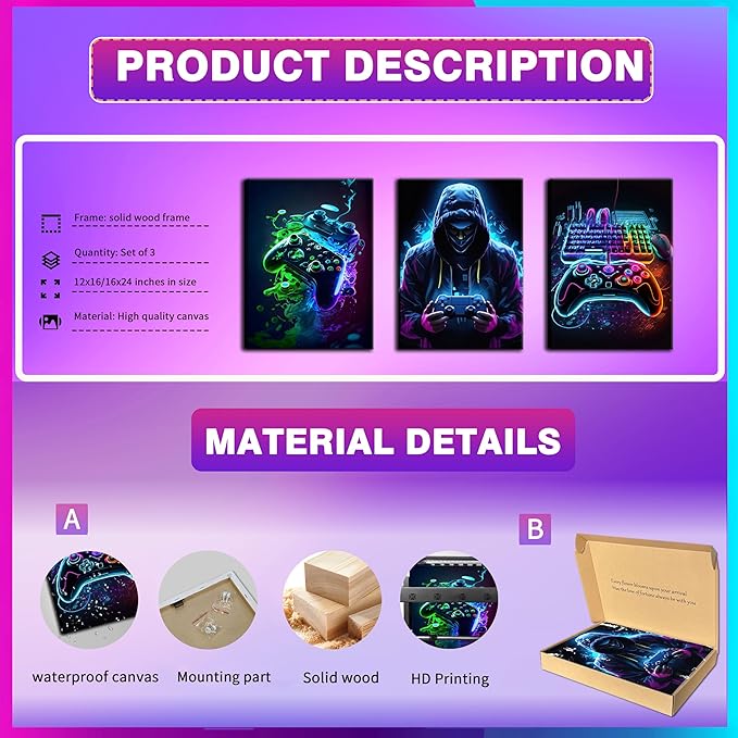 BGFCE Cool Gaming Canvas Wall Art Set of 3, Retro Video Game Watercolor Poster Pictures, Neon Gamepad Gamepad Painting Prints Game Room Bedroom Wall Decor 16x24 in Framed
