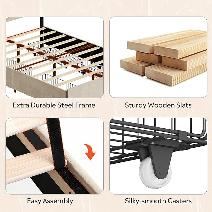 WLIVE Full Size Upholstered Bed Frame with 4 Storage Drawers and Headboard, Velvet Platform Bedframe, Sturdy Metal & Wooden Slats Support, No Box Spring Needed, Easy Assembly, Beige