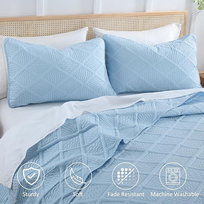 Yiran Ash Blue Quilt Set Queen Size, 3 Piece Reversible Bedspreads Bedding Set, Fall Diamond Pattern Coverlet for All Season with 2 Pillow Shams (Full/Queen, 96x90 Inch)