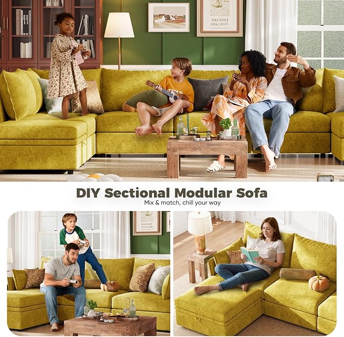 ABCASA 136.4" Oversized Modular Sectional Sleeper Sofa Bed, U Shaped Convertible Couch with Movable Ottoman, Large 8 Seat Corner Couches for Living Room Deep Seat Yellow Chenille