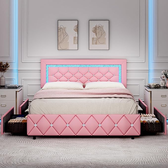 BarnFurin Queen Bed Frame with LED Lights, Upholstered Bed Frame with 4 Storage Drawers, Princess Platform Bed with Diamond Headboard and Footboard, No Box Spring Needed, Pink