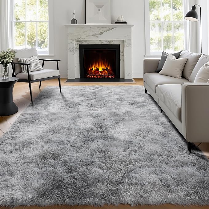 PAGISOFE Light Grey Shaggy Abstract Area Rug 6x9 Feet, Plush Fluffy Rugs for Living Room, Soft Rug for Bedroom, Furry Rugs for Girls Boys Kids Room, Large Fuzzy Rug for Playroom, Shag Carpet