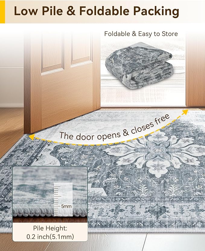 Area Rugs 2'x8' Washable Non-Slip, Floral Vintage Distress Print Pattern Medallion Carpet for Living Room Bedroom Dining Room, Light Gray Grey White