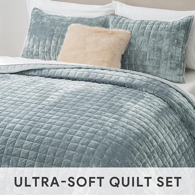 RECYCO Luxury Velvet Quilt Set King Size Bedding Sets, Ultra Soft Velvet Comforter Set, Lightweight Channel Box Stitch Oversized Bedspread Coverlet for All Season, with 2 Shams, Blue Linen