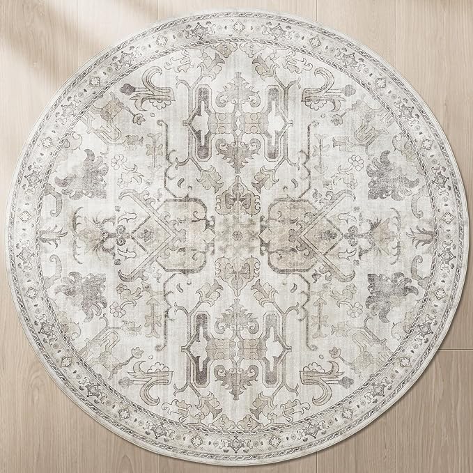 jinchan Round Rug 7ft Area Rug Vintage Floor Mat Kitchen Indoor Ultra-Thin Soft Floral Print Washable Circle 7' Accent for Farmhouse Non Slip Dining Room Living Room Bedroom Office Taupe