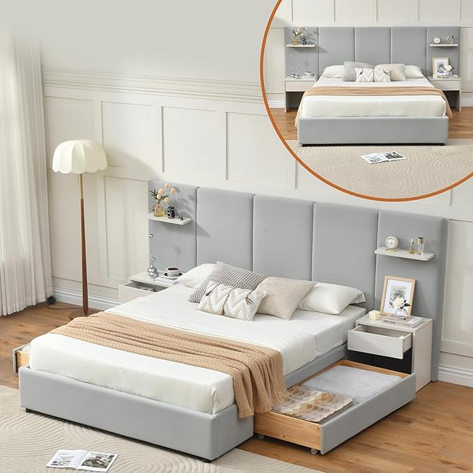 Queen Bed Frame with Storage & Built-in Nightstands, Velvet Upholstered Platform Bed Frame with Drawers & 2 Floating Storage Shelves, Noise-Free, No Box Spring Needed, Easy Assembly, Gray
