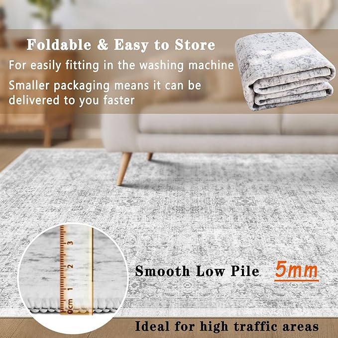 vivorug 9x12 Area Rugs for Living Room, Non Slip Machine Washable Vintage Rug, Ultra-Thin Lightweight Large Area Rug for Bedroom, Dining Room, Low Pile Grey