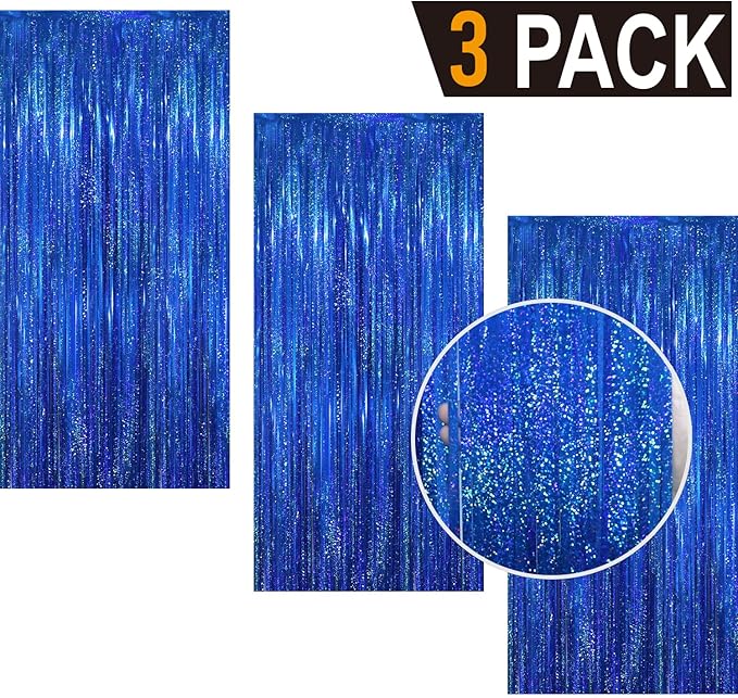 GOER 3.2 ft x 8.2 ft Metallic Tinsel Foil Fringe Curtains Party Photo Backdrop Party Streamers for Birthday,Graduation,New Year Eve Decorations Wedding Decor(3 Packs,Shiny Blue)