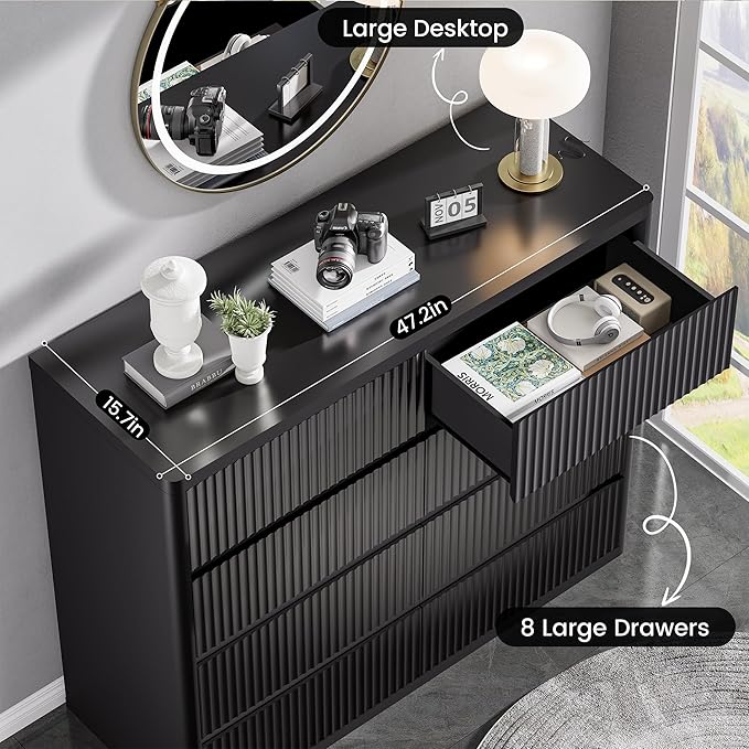 Black Dresser for Bedroom, 8 Drawers Double Fluted Dressers, Modern Chest of Drawers with Curved Profile, Handleless, Storage Closet Dressers for Bedroom, Living Room, Entryways