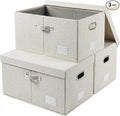 PRANDOM Storage Bins with Lids [3-Pack] Linen Fabric Foldable Storage Boxes Organizer Containers Baskets Cube with Cover Beige (23.4X15.9X11.4)