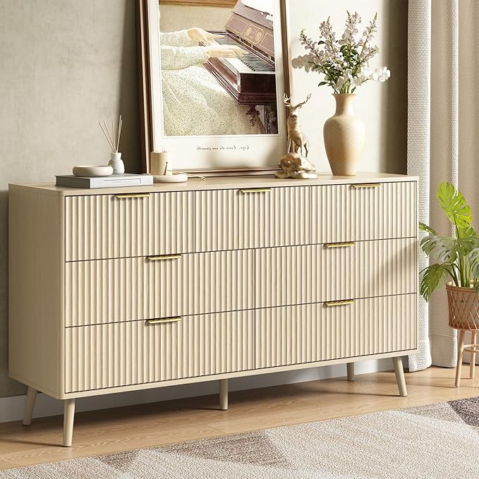 CARPETNAL Fluted 7 Drawer Dresser for Bedroom, 55" Wide Wooden Chest of Drawers with Rounded Corners, Gold Handles, Modern Storage Organizer for Bedroom, Hallway(Beige)