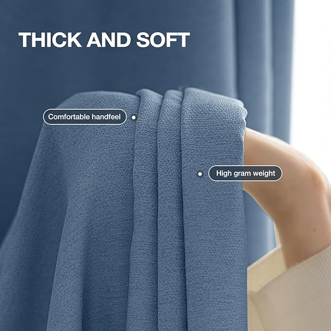 100% Blackout Curtains 102 inch Length 2 Panels for Living Room, Linen-Look Textured Room Darkening Thermal Insulated Soundproof Farmhouse Drapes for Bedroom (W52xL102, Blue)