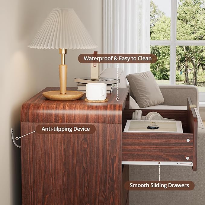 FURSUN 32" Tall Fluted Nightstand, 3 Drawers Wooden End Table w/Storage, Curved Profile Design, Modern Bedside Table for Bedroom, Dark Walnut