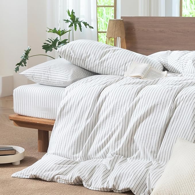 MooMee Striped Duvet Cover Set 100% Washed Cotton Linen Like Textured Breathable Durable Soft Comfy (White Heathered Green Wide Stripes, Oversized King Plus 128"x120")