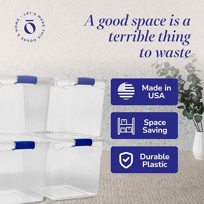 HOMZ 4-Pack 31 Quart Latching Lid, Clear Plastic Storage Organizer Bins, Blue – Stackable Containers for Home & Office Shelves, Kitchen, Garage, and Bathroom Organization