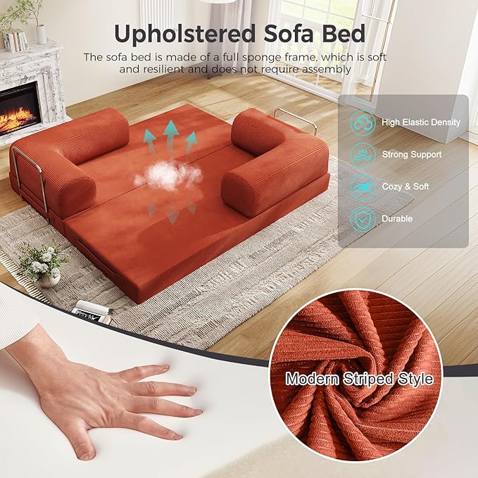 5-in-1 Folding Convertible Sofa Bed, 78 Inch Oversized Corduroy Upholstered Boneless Couch, Loveseat Sleeper with Pull Out Bed, Floor Sofa Modular Futon Couch for Living Room Bedroom Lounge