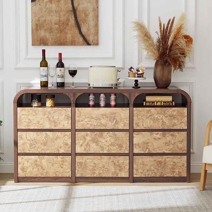 9 Drawer Dresser for Bedroom, Modern Chest of Drawers with Open Shelf, Burl Wood Long Storage Dressers for Closet, Living Room, Hallway (Walnut)