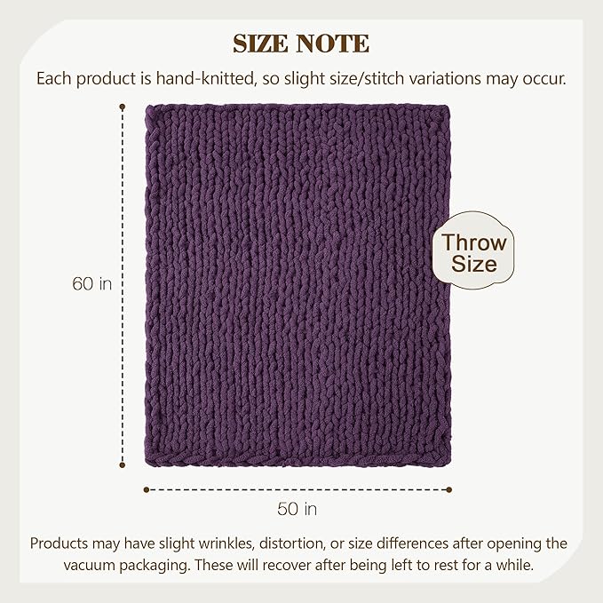 Carriediosa Chunky Knit Throw Blanket 50" X 60", 100% Hand Made Large Chenille Loop Yarn Soft Fluffy Throws for Couch Sofa Bed, Big Crochet Cozy Heavy Thick Cable Woven Blanket, Dark Purple