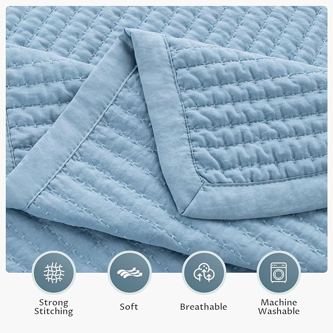 KASENTEX Twin Quilt Set 68"x86" – Soft Washed 3-Layer Lightweight Bedspread, Minimalist Nordic Design, All-Season Spring & Summer Quilt Set (1 Quilt + 2 Pillow Shams), Blue
