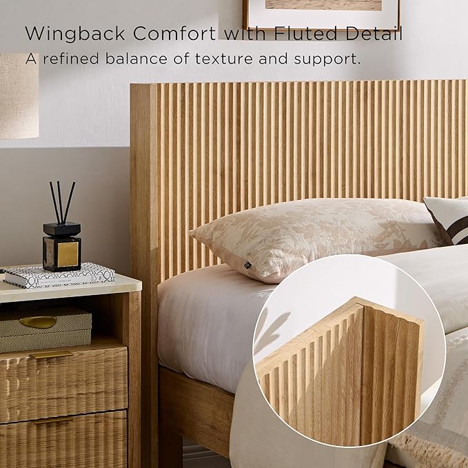 T4TREAM Fluted Queen Size Bed Frame with Wingback Headboard, Footboard Storage Bench with Built-in Drawers & Lift-Up Compartments, Wood & Steel Platform Bed, No Box Spring Needed, Natural Oak