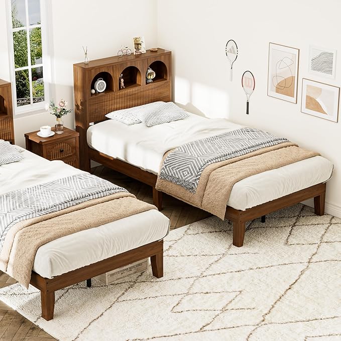 Twin Bed Frame with Wave Headboard, Wooden Headboard with 3 Arched Storage Compartments, Platform Bed with Wood and Metal Slats, No Box Spring Needed, No Noise (Twin-Walnut)