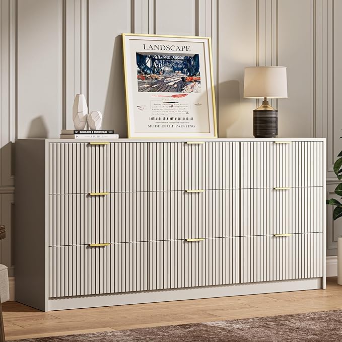Beige 9 Drawer Dresser for Bedroom, 63" Wide Modern Fluted Dresser with Gold Metal Handles, Chest of Drawers for Bedroom, Living Room, Entryway, Hallway