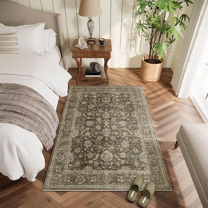 Washable 4x6 Rugs for Living Room, Boho Non-Slip Vintage Distress Small Rugs for Bedroom Nursery Office, 0.3" Neutral Oriental Throw Thin Carpet with Cushioning Pad, Tan/Flaxen/Multi