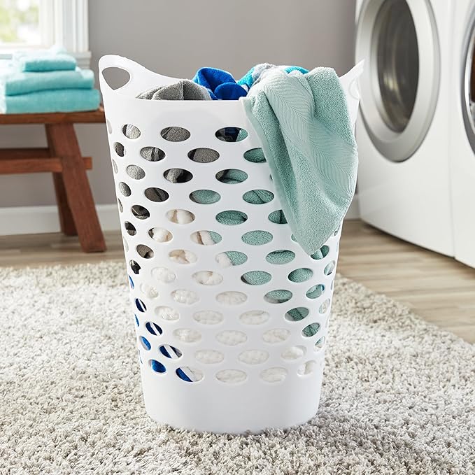 3 Pack Round Plastic Laundry Hamper with Handles, Lightweight & Flexible, 2.2 Bushels Large Capacity, Easy to Clean, Space Saving Laundry Basket for Bedroom, Dorm, Bathroom, White