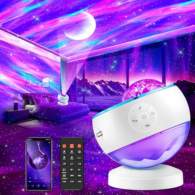 One Fire Northern Lights Projector,300+Color Modes Galaxy Projector for Bedroom, 15 White Noise Galaxy Light Projector, 5Moon Star Projector, Bluetooth Aurora Light Projector, Remote Timer Star Lights