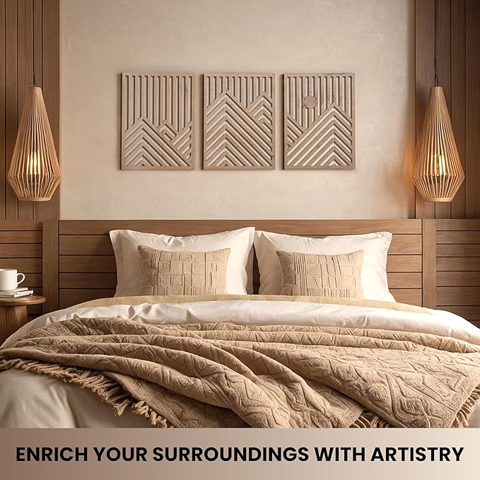 qmmp Modern Wooden Wall Sculptures - Set of 3 - Home Decor Accent - Large Wall Art for Living Room, Bedroom, Office - Easy Installation (Oak, Medium - Mountain and Sun)
