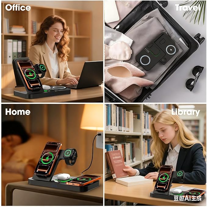 Dual Phone Magnetic Wireless Charging Station for Apple Devices/Apple Ecosystem,with Auto-Switch 7-Color Light & Clock, Compatible with iPhone 17/16/15, for iWatch 11/10/9 & AirPods Pro3（Black