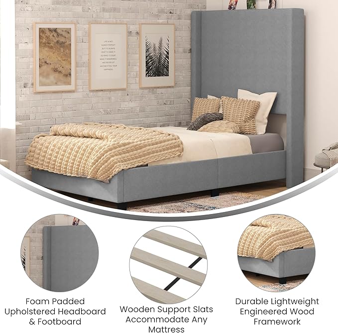 EMMA + OLIVER Nora Twin Size Faux Linen Upholstered Platform Bed with Plush Padded Wingback Headboard (No Box Spring Needed), Modern Upholstered Headboard Twin Bed Frame, Gray