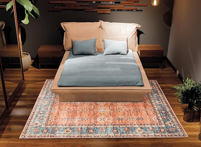 Bloom Rugs Washable Non-Slip 4' x 6' Rug - Orange/Teal Blue Traditional Bordered Area Rug for Living Room, Bedroom, Dining Room, and Kitchen - Exact Size: 4' x 6'