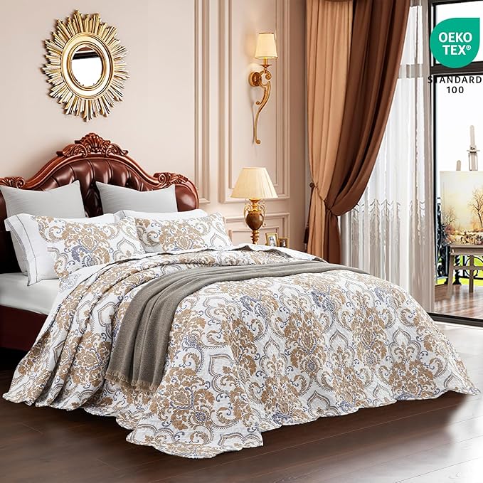 CHIXIN Oversized Queen Bedspread - Luxury Collection - European Damask Paisley Pattern - Classic & Gorgeous Bedding Cover, Lightweight, Ultra Soft, 5 Piece, 100% Microfiber, White/Khaki/Grey