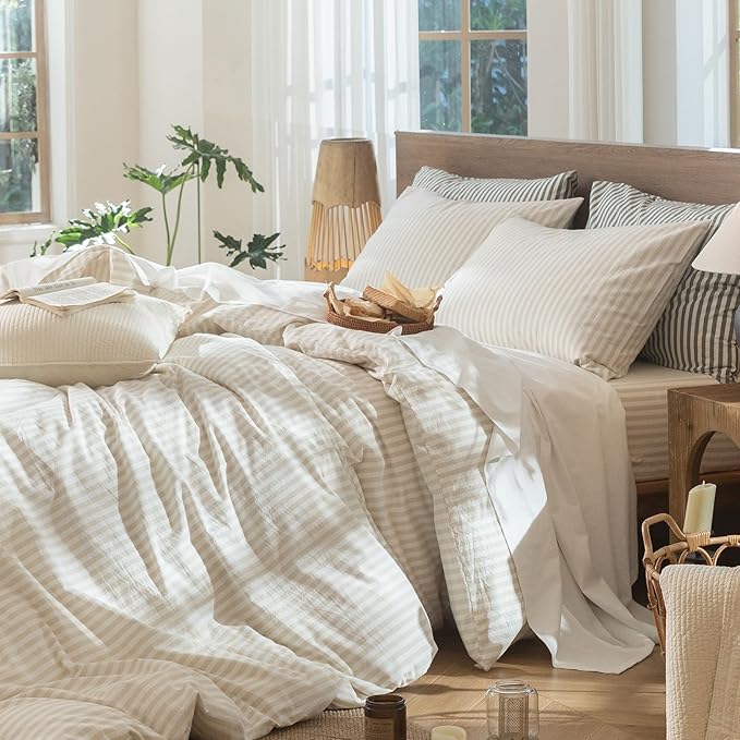 MooMee Striped Duvet Cover Set 100% Washed Cotton Linen Like Textured Breathable Durable Soft Comfy (Almond Milk Grey Classic Stripes, Oversized Queen 98"x98")