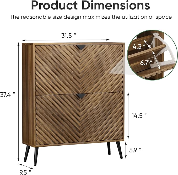 Shoe Cabinet, Entrance Shoe Storage Cabinet with Diamond Parquetry 2 Flip Drawers, Narrow Shoe Cabinet Storage for Entryway, Shoe Organizer Cabinet with Black Handles, Slim Shoe Rack Cabinet (Walnut)